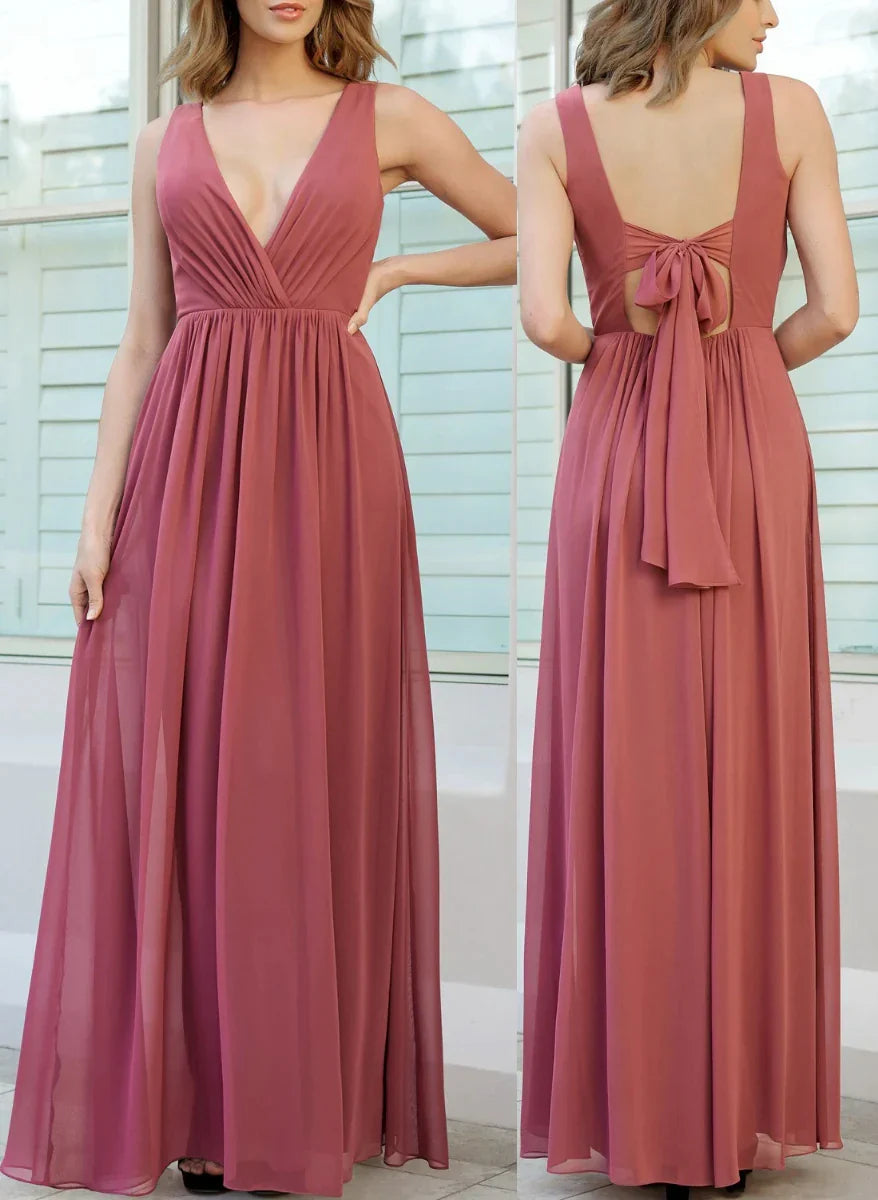 A-Line Princess V-Neck Floor-length Long Bridesmaid Dresses
