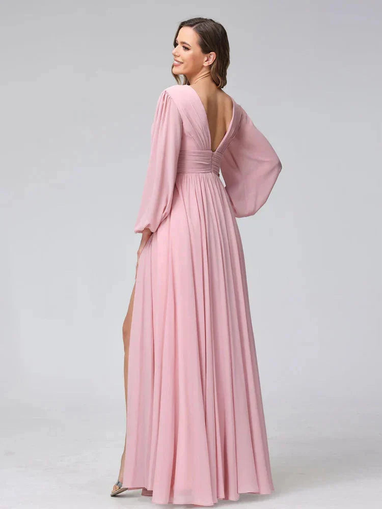 A-Line Princess V-Neck Long Sleeves Floor-Length Bridemaid Dresses With Split Side & Pockets