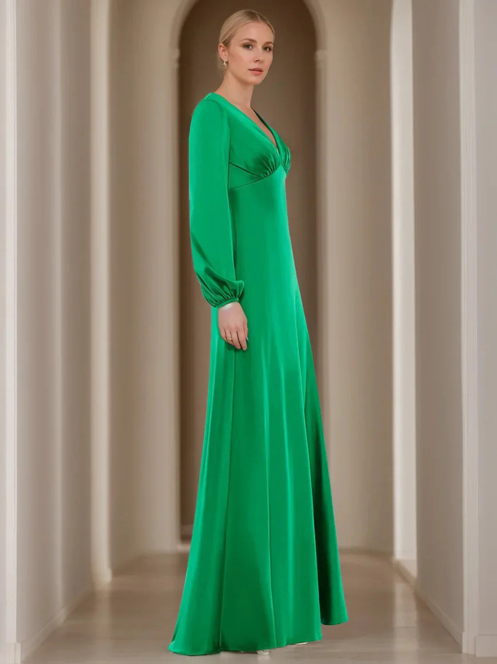 A-Line Princess V-Neck Long Sleeves Floor-Length Mother of the Bride Dresses with Ruffles