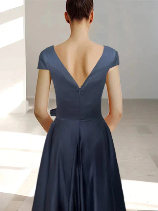 A-Line Princess V-Neck Short Sleeves Ankle-Length Mother of the Bride Dresses With Pockets & Ruffles