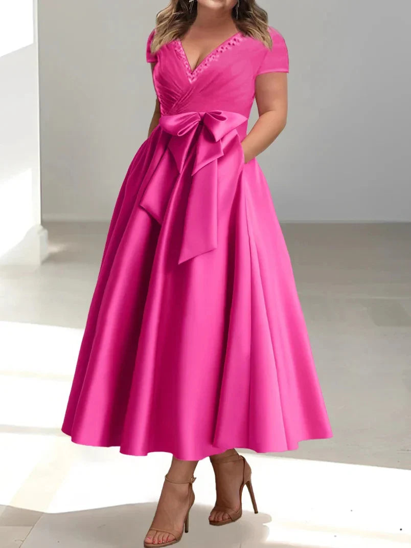 A-Line Princess V-Neck Short Sleeves Ankle-Length Mother of the Bride Dresses With Pockets & Ruffles
