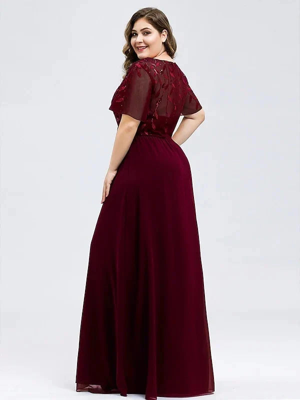 A-Line Princess V-Neck Short Sleeves Floor-Length Party Cocktail Dress with Appliques & Sequin