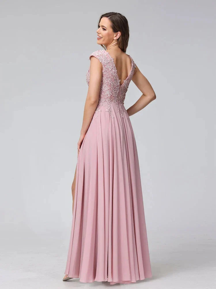 A-Line Princess V-Neck Sleeveless Chiffon LongBridemaid Dresses With Applique Split Side