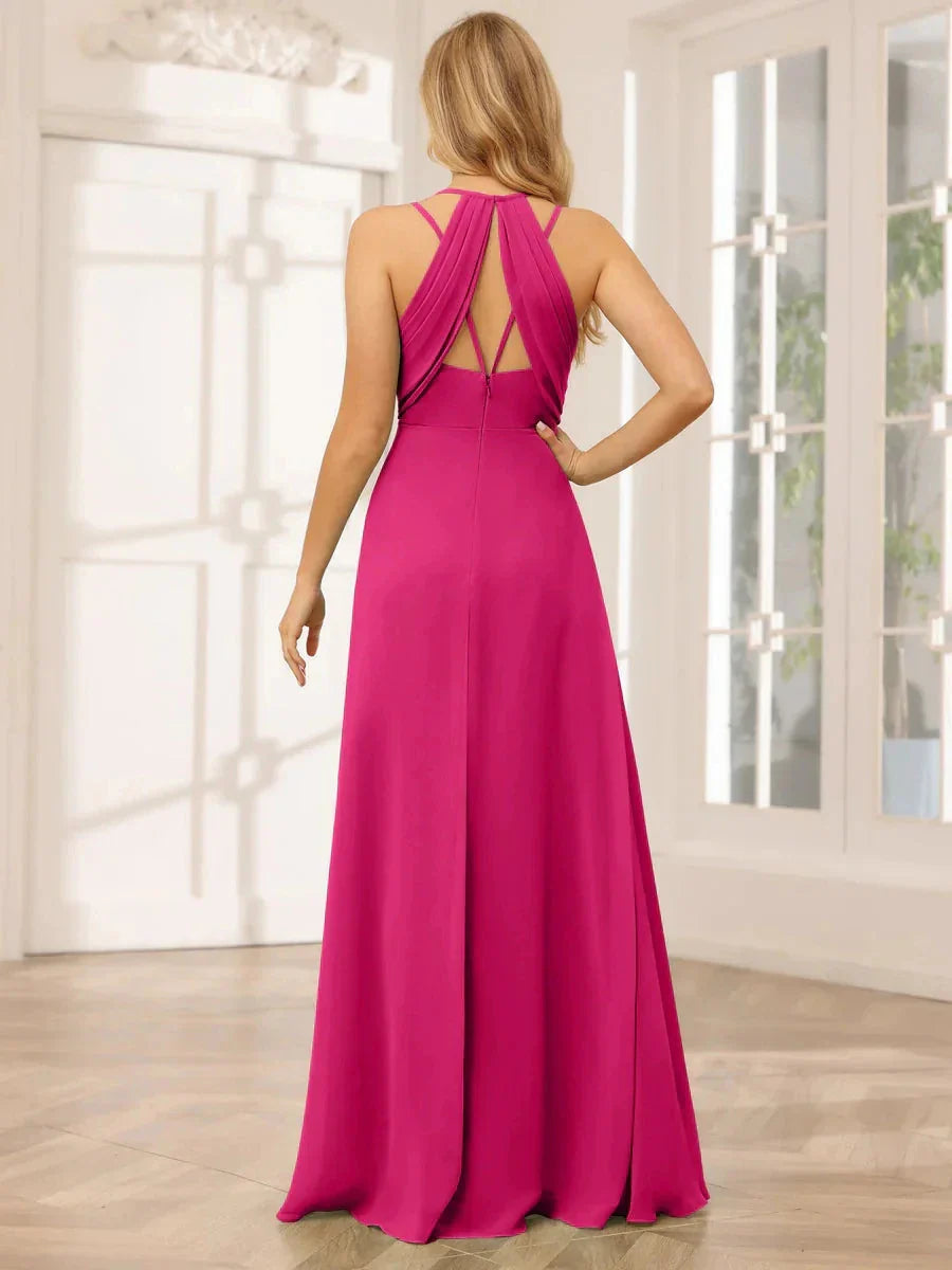 A-Line Princess V-Neck Sleeveless Floor-Length Bridesmaid Dresses with Ruffles