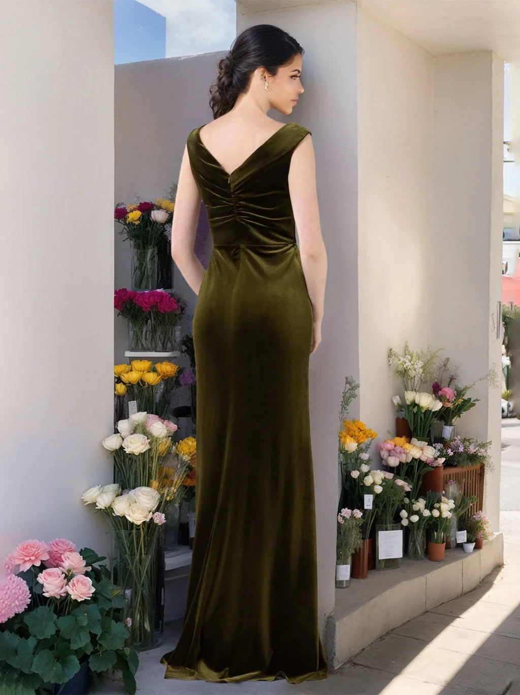 A-Line Princess V-Neck Sleeveless Floor-Length Velvet Unique Bridesmaid Dresses with Ruffles