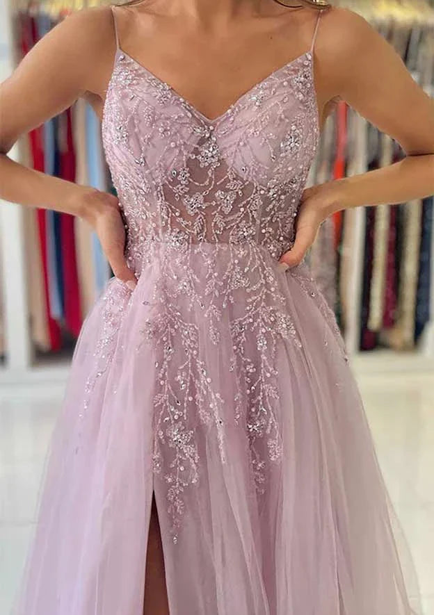 A-Line Princess V-Neck Spaghetti Straps Long Prom Dresses With Split Side