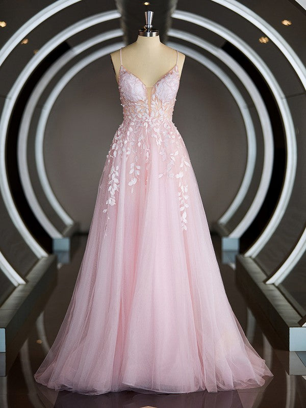 A-Line/Princess V-neck Court Train Tulle Prom Dresses Sleeveless Crossed Straps With Appliques Lace