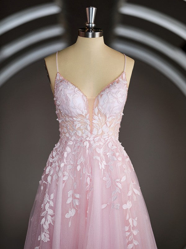 A-Line/Princess V-neck Court Train Tulle Prom Dresses Sleeveless Crossed Straps With Appliques Lace