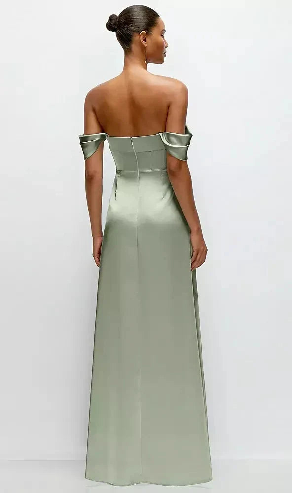 A-Line Satin Maxi Dress with Convertible Off-the-Shoulder or Strapless Looks in Sage