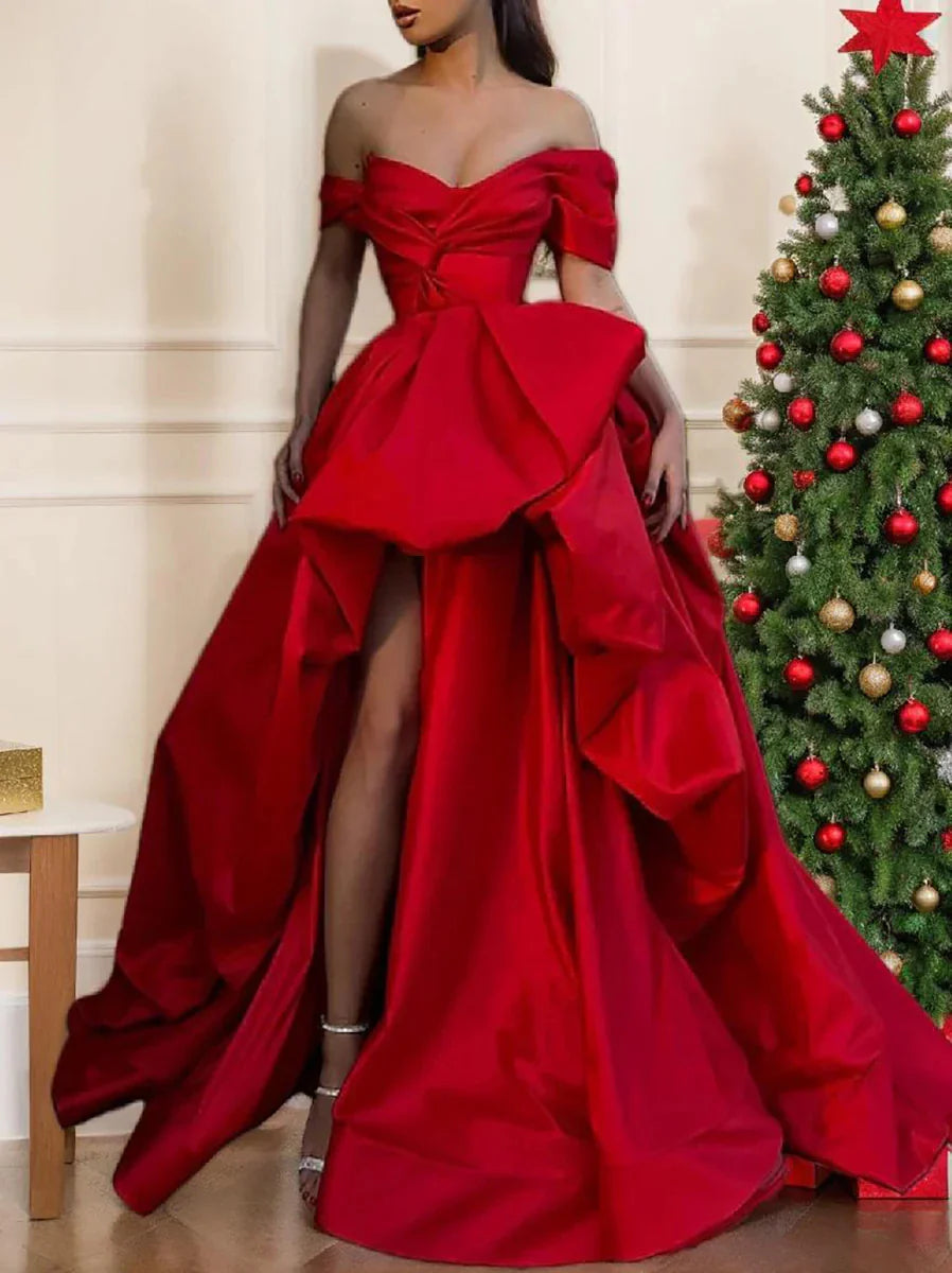 A-Line SweepBrush Train Off Shoulder Sleeveless Prom Satin with Slit