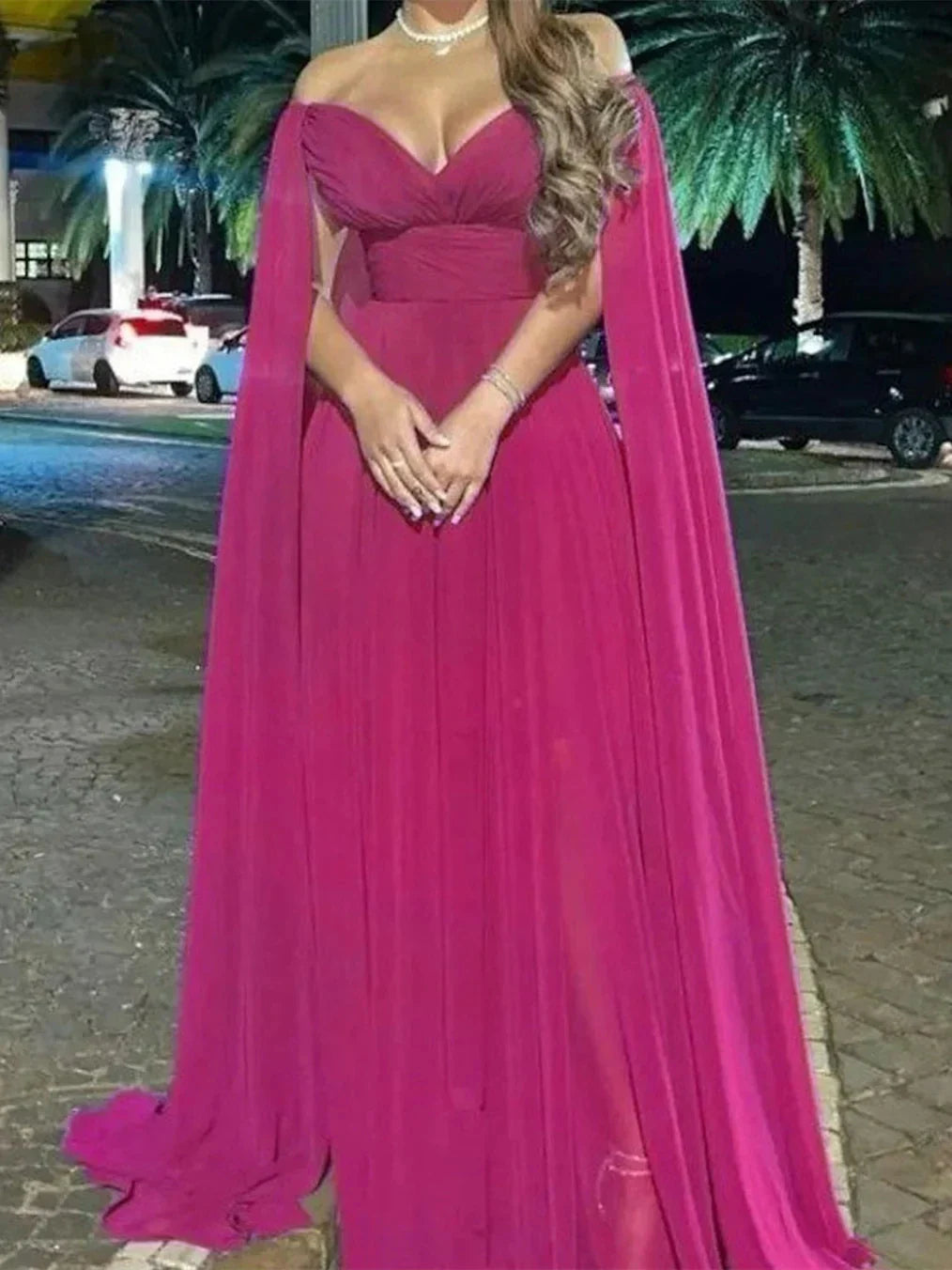 A-Line Sweep Brush Train Sleeveless Off Shoulder Wedding Guest Dress Capes Chiffon with Pleats