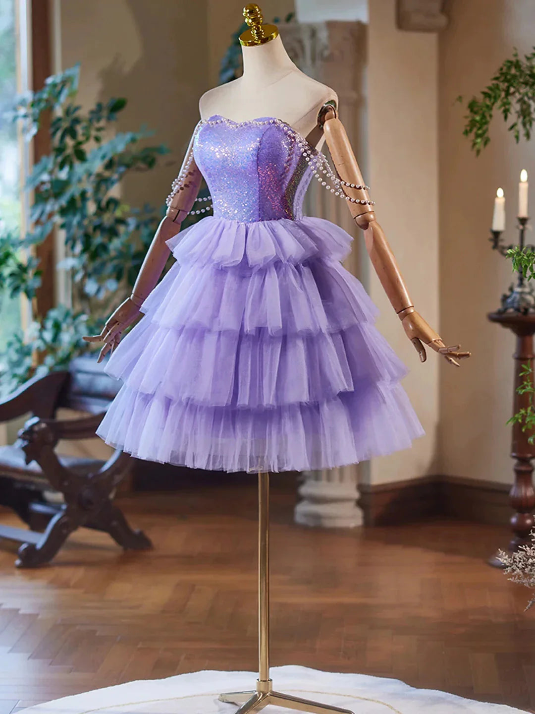 A-Line Tulle and Sequins Short Party Dress Lavender Strapless Evening Dress