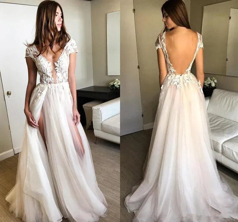 Elegant A-Line V-Neck Cap Sleeves Lace-Applique Backless Champagne Tulle Floor-Length Prom Dress for Women