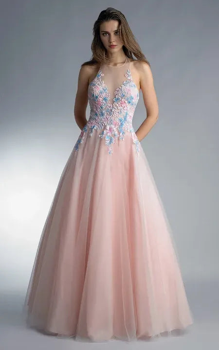 A-line Floor-length Halter Sleeveless Tulle Backless Prom Dress/Formal Women's Dresses