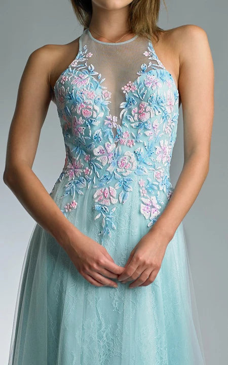 A-line Floor-length Halter Sleeveless Tulle Backless Prom Dress/Formal Women's Dresses