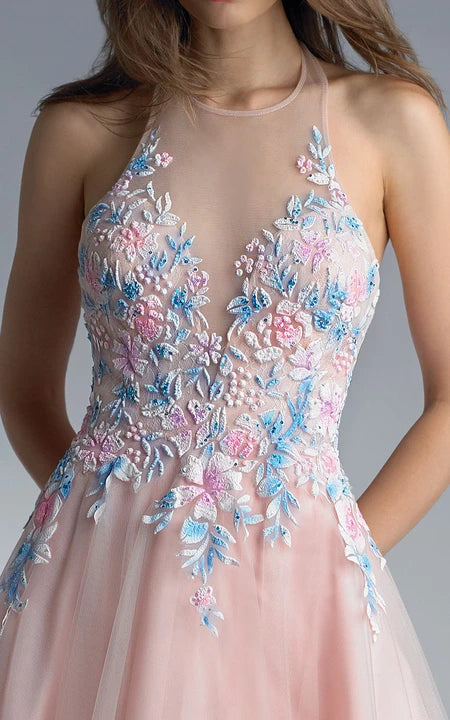 A-line Floor-length Halter Sleeveless Tulle Backless Prom Dress/Formal Women's Dresses