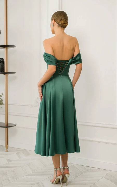 A-line Green Ruched Off-the-shoulder Tea-length Satin Pleated Elegant Dress Prom Dress/Dress For Formal