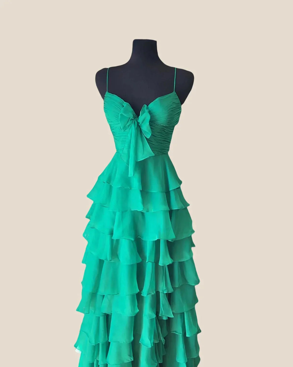 A-line Long Chiffon Tiered Pastel Yellow Senior Prom Dress with Bow