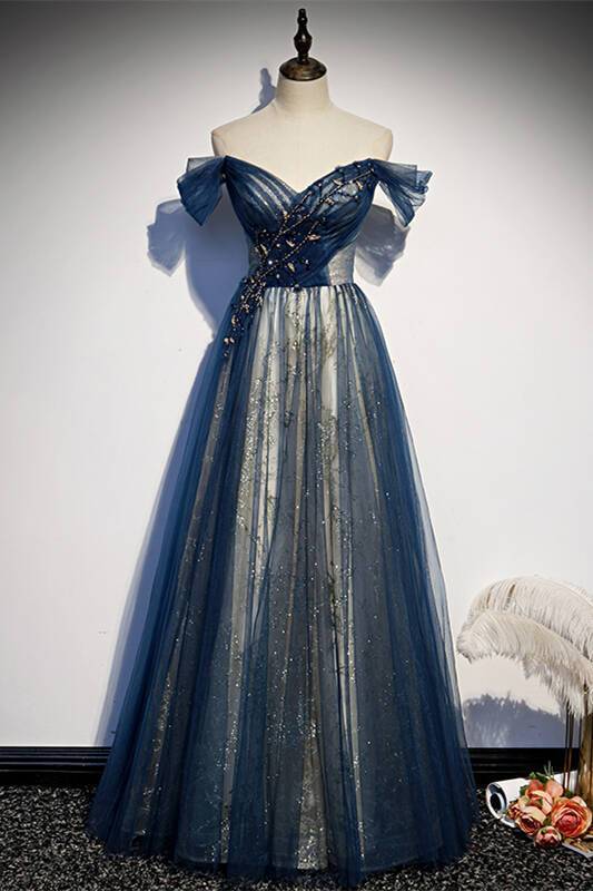 A-line Off the Shoulder Navy Blue Tulle Formal Dress Maxi Dress Lace Up Prom Dress