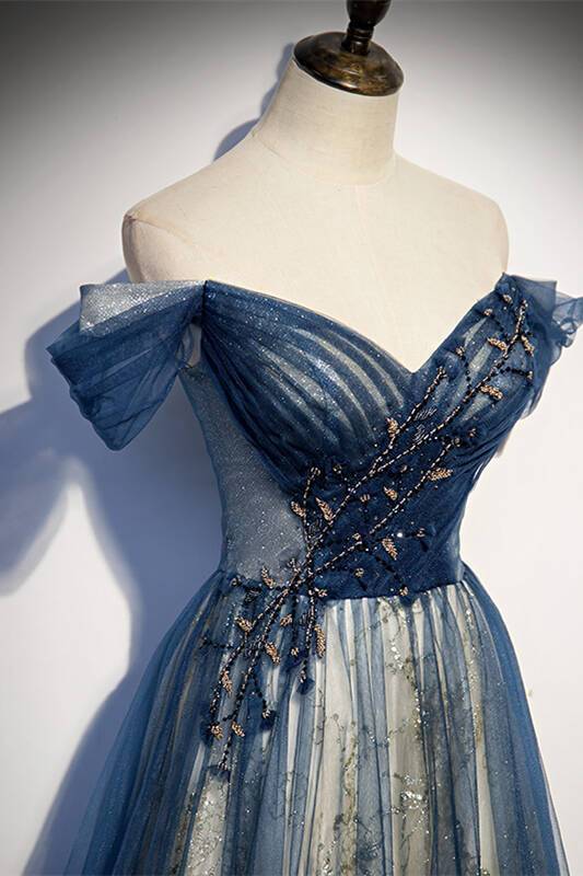 A-line Off the Shoulder Navy Blue Tulle Formal Dress Maxi Dress Lace Up Prom Dress