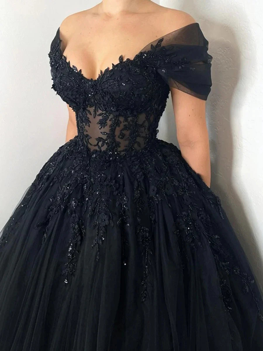 A-line Princess Off-the-Shoulder Short Sleeves Floor-Length Black Wedding Dresses with Lace Appliques & Lace-Up & Crystals