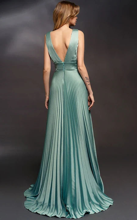 A-line Sleeveless Formal Pleated V-Neck Sleeveless Prom Dress With Low-V Back