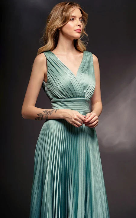 A-line Sleeveless Formal Pleated V-Neck Sleeveless Prom Dress With Low-V Back