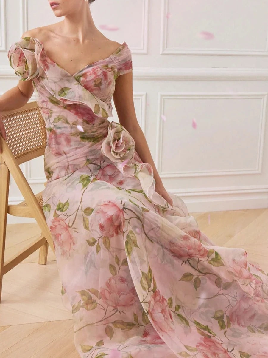 A-line Solid Spliced Appliques Slimming Dresses Slash Neck Short Sleeve High Waist Female New Prom Dress