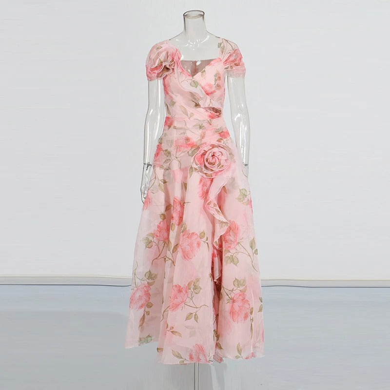A-line Solid Spliced Appliques Slimming Dresses Slash Neck Short Sleeve High Waist Female New Prom Dress