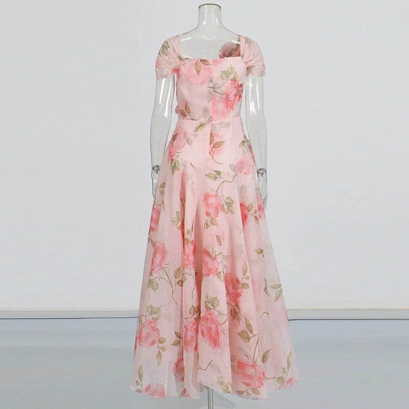 A-line Solid Spliced Appliques Slimming Dresses Slash Neck Short Sleeve High Waist Female New Prom Dress