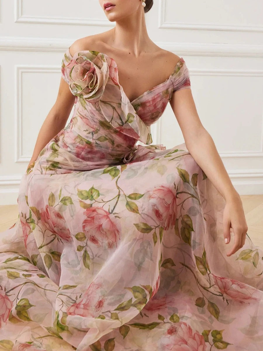 A-line Solid Spliced Appliques Slimming Dresses Slash Neck Short Sleeve High Waist Female New Prom Dress
