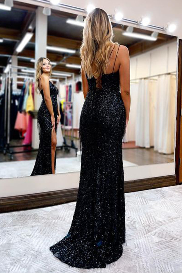Fashion Mermaid V Neck Black Velvet Sequins Long Prom Dresses with Slit