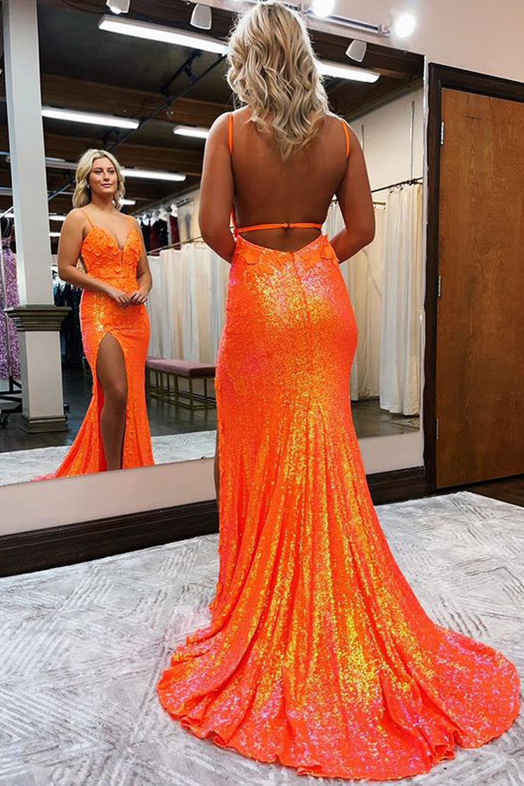 Fashion Mermaid V Neck Orange Sequins Long Prom Dresses with Slit
