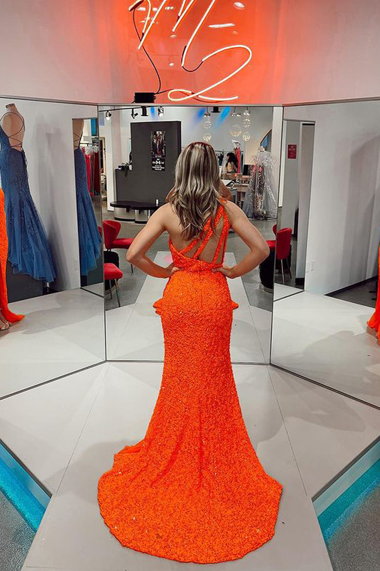Sparkly Mermaid One Shoulder Orange Sequins Long Prom Dresses with Slit