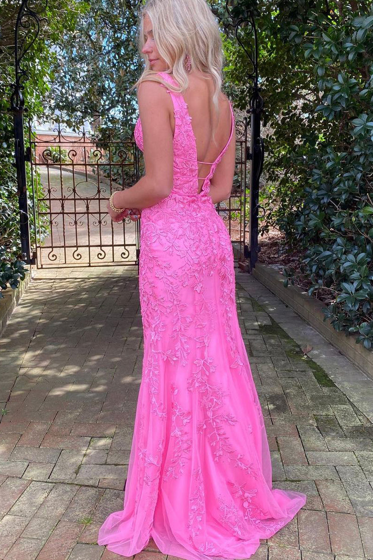 Charming Mermaid V Neck Hot Pink Lace Long Prom Dresses