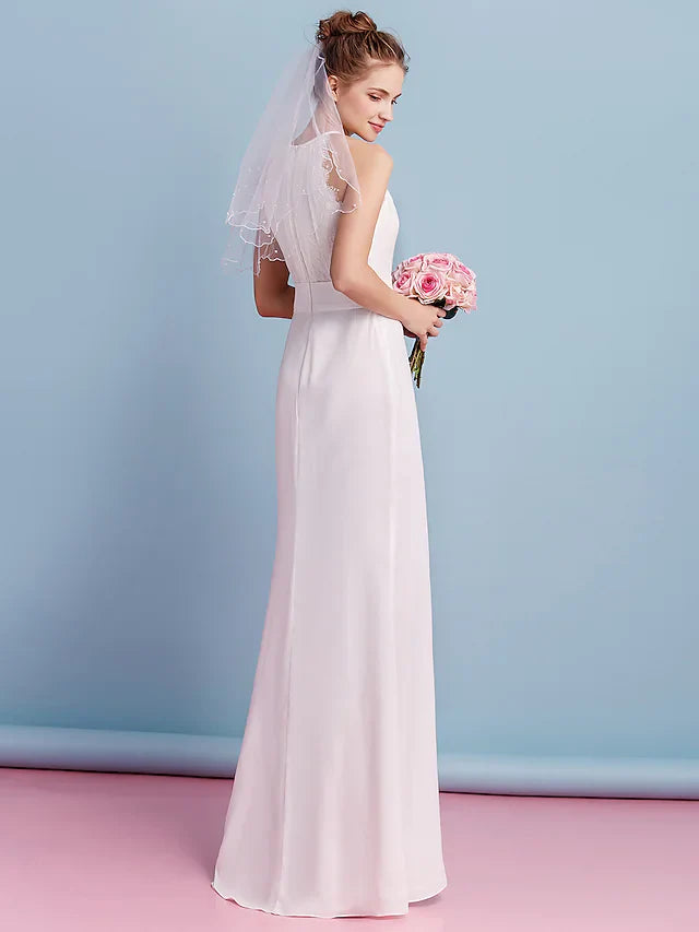 Wedding Dresses Jewel Neck Floor Length Chiffon Lace Regular Straps Floral Lace with Lace Sash Ribbon