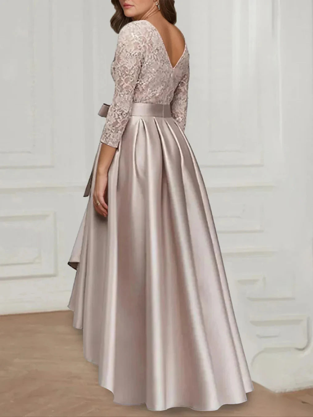 A Line Princess Jewel Neck 34 Length Sleeves Asymmetrical Plus Size Mother of the Bride Dresses with Bowknot