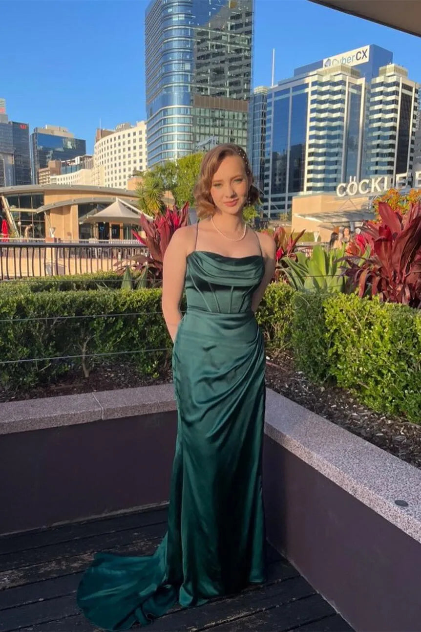 Affordable A-line Cowl Neck Sleeveless Satin Ruched Floor-Length Prom Dress