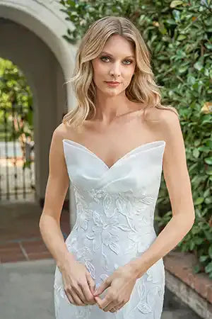 Airy Double-Faced Organza Fit and Flare Gown with Pointed Sweetheart Strapless Neckline and Sheer Corset Back