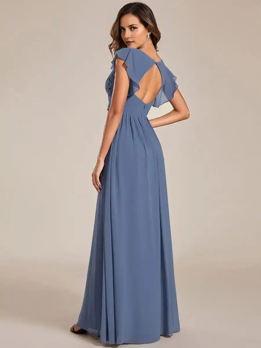 Back Cutout A-Line Pleated Ruffles Sleeve Chiffon Bridesmaid Dress