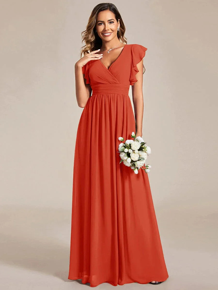 Back Cutout A-Line Pleated Ruffles Sleeve Chiffon Bridesmaid Dress