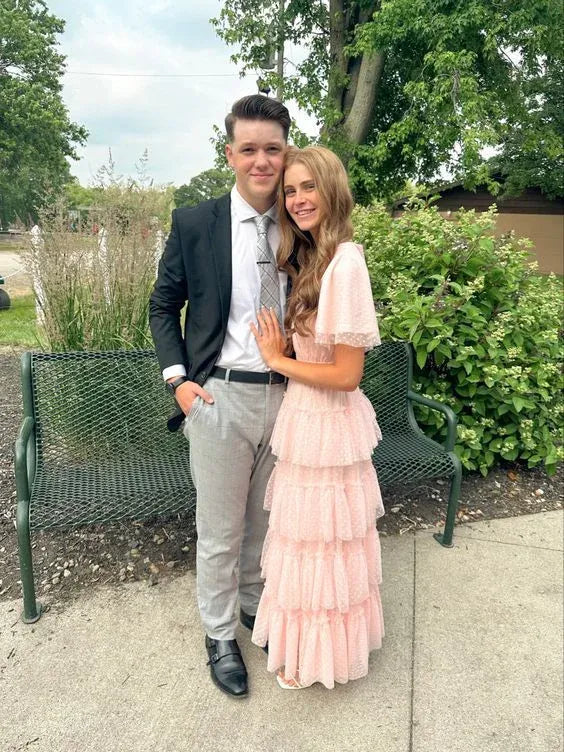 Beautiful A Line V Neck Flutter Sleeve Polka Dot Ankle-Length Prom Dress