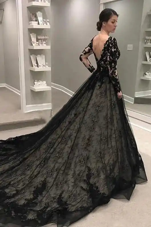 Black Long Sleeves A Line Lace Wedding Dresses