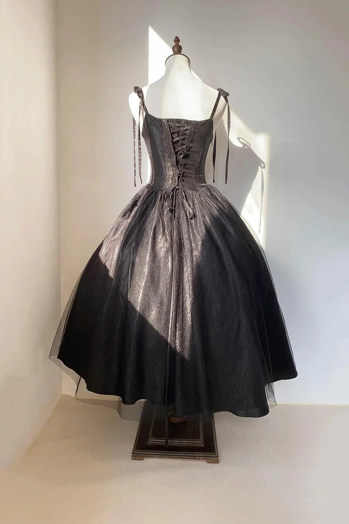 Black Spaghetti Strap Tulle Tea Length Prom Dress Black A-Line Party Dress