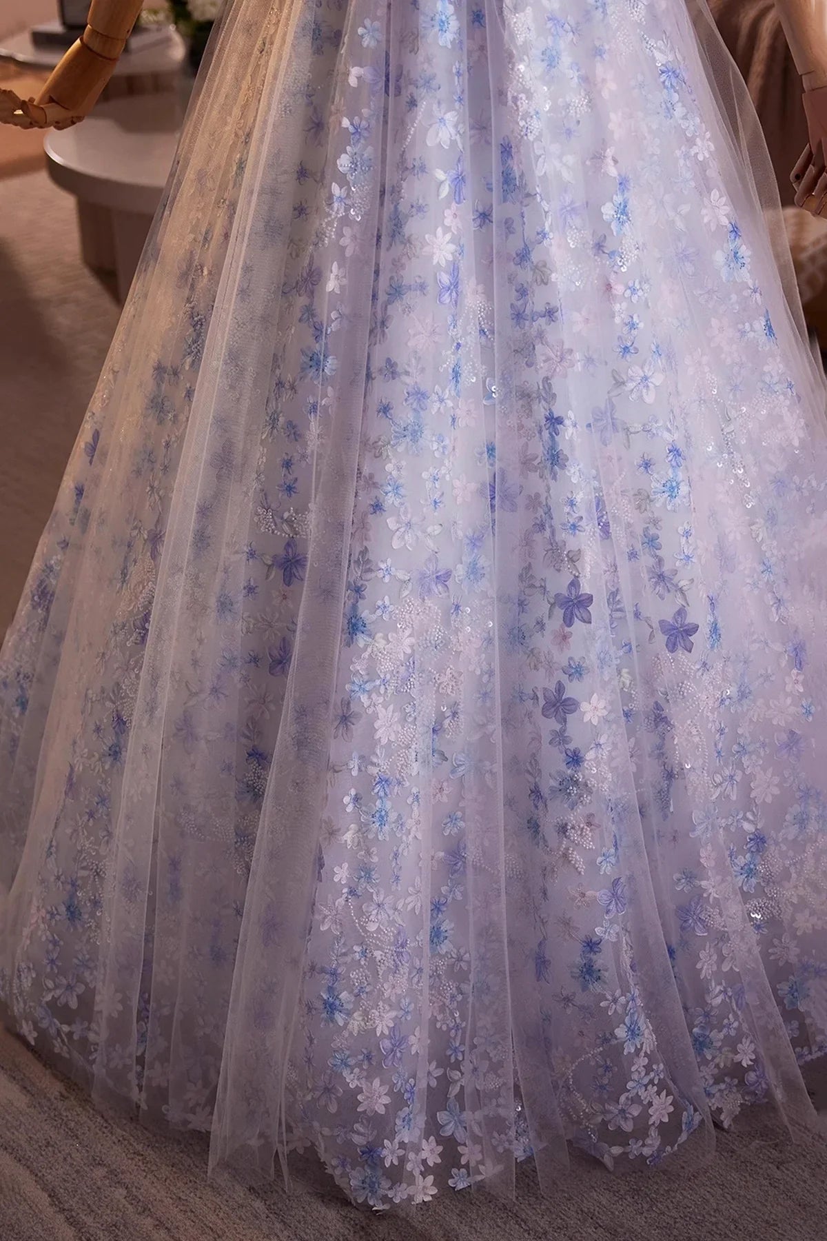 Blue Flower Fairy Tulle Long Prom Dress, Beautiful Off the Shoulder Party Dress