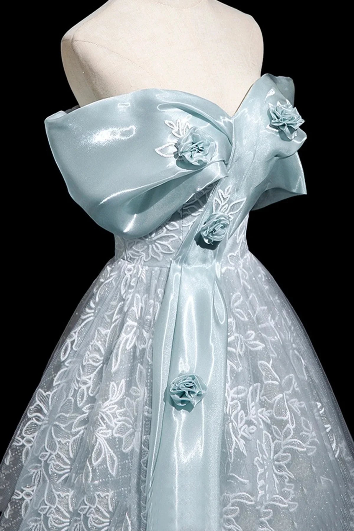 Blue Tulle Lace Long Prom Dress Blue Off the Shoulder Evening Party Dress