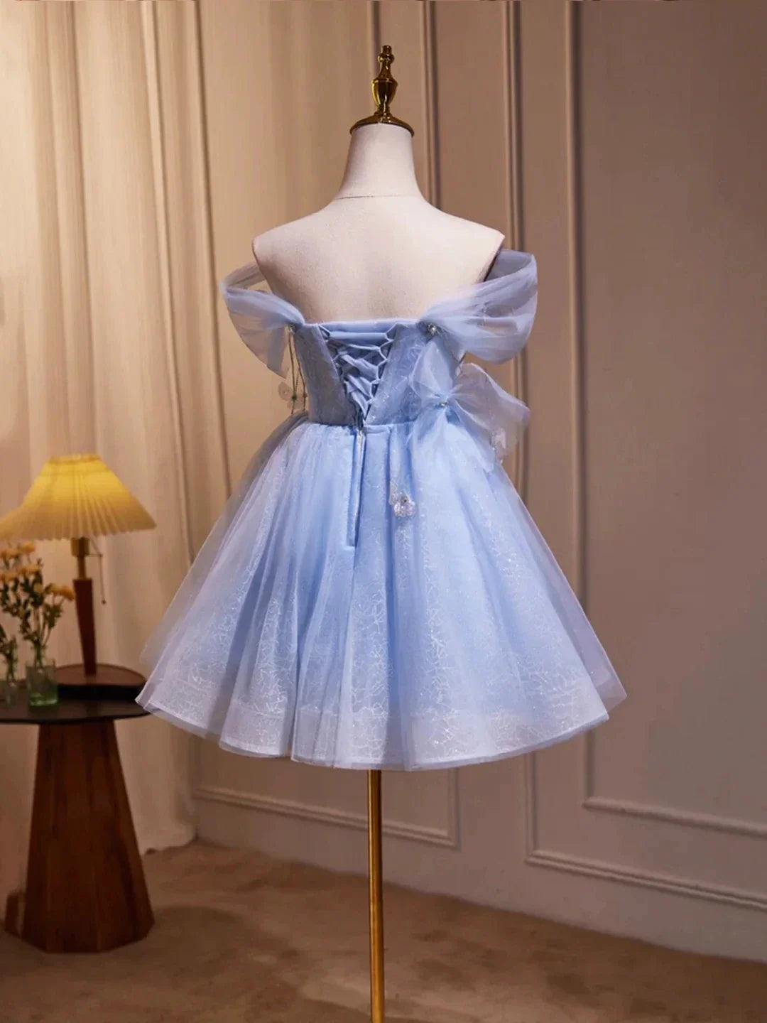 Blue Tulle Short A-Line Prom Dress Lovely Off the Shoulder Party Dress