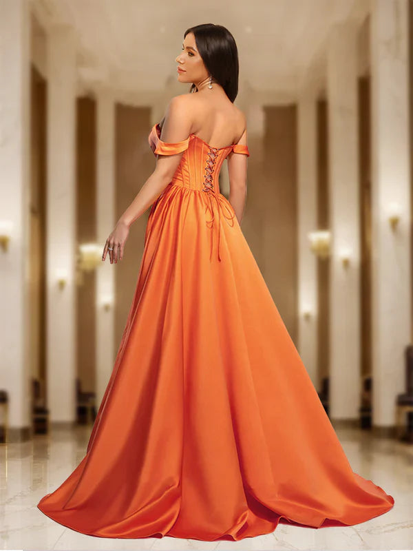 Bold A-Line Off-Shoulder Lace-Up-Back Burnt Orange Satin Floor-Length Prom Dresses