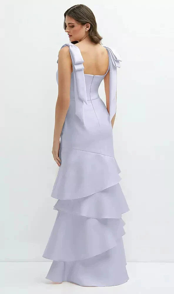 Bow-Shoulder Satin Maxi Dress with Asymmetrical Tiered Skirt in Silver Dove