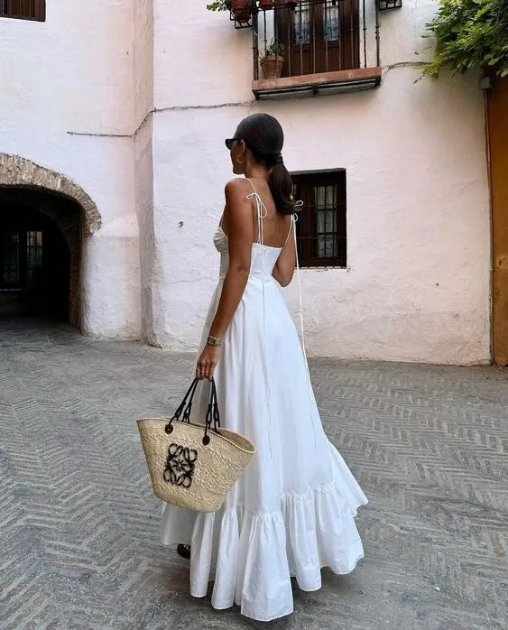 Breezy A-Line Spaghetti-Strap Ruched Cotton White Floor-Length Evening Dress for Women